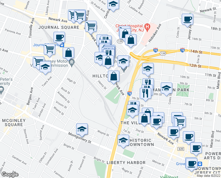 map of restaurants, bars, coffee shops, grocery stores, and more near 108 Waldo Avenue in Jersey City