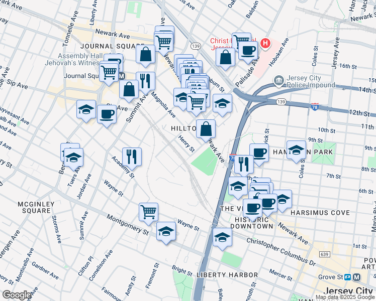 map of restaurants, bars, coffee shops, grocery stores, and more near 11 Henry Street in Jersey City