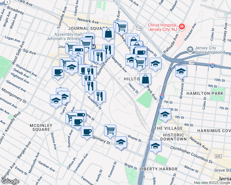 map of restaurants, bars, coffee shops, grocery stores, and more near 69 Chestnut Avenue in Jersey City