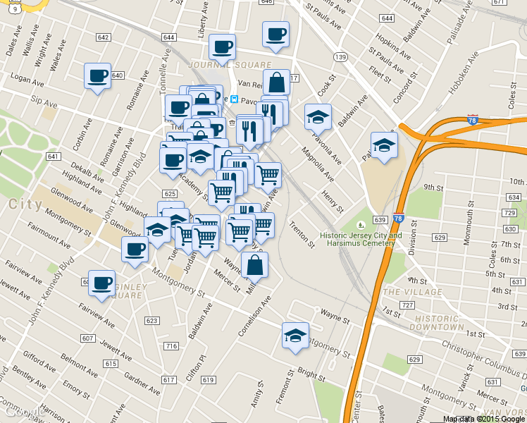 map of restaurants, bars, coffee shops, grocery stores, and more near 173 Baldwin Avenue in Jersey City