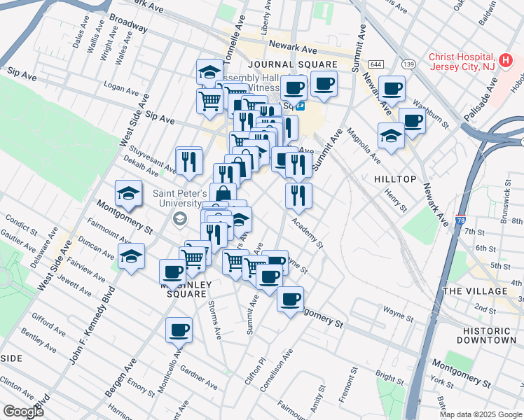 map of restaurants, bars, coffee shops, grocery stores, and more near 86 Tuers Avenue in Jersey City