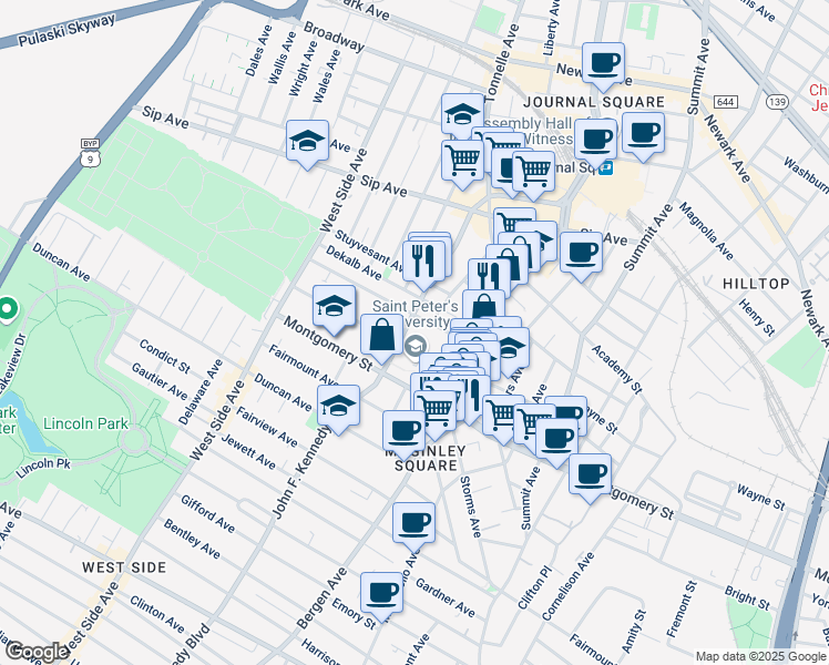 map of restaurants, bars, coffee shops, grocery stores, and more near 2684 John F. Kennedy Boulevard in Jersey City