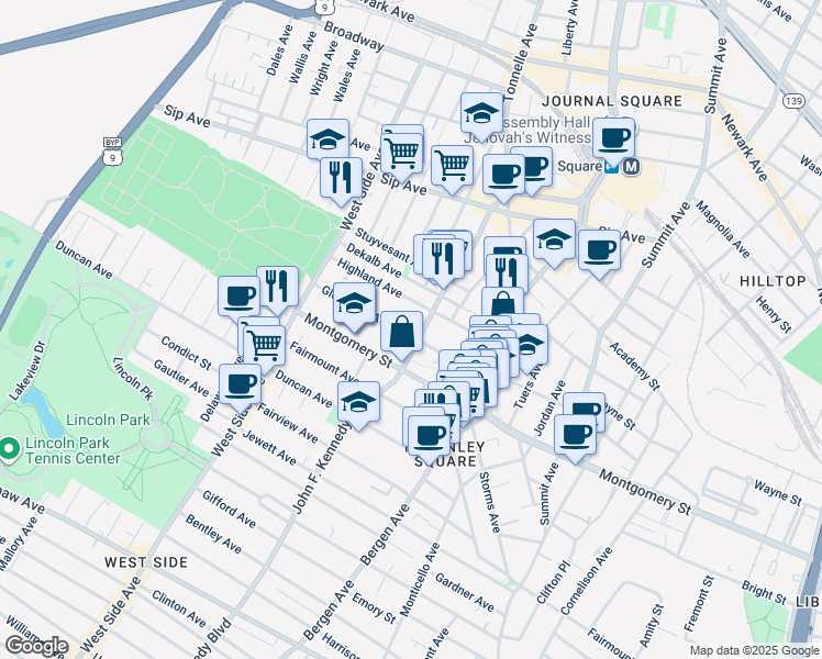 map of restaurants, bars, coffee shops, grocery stores, and more near 98 Glenwood Avenue in Jersey City