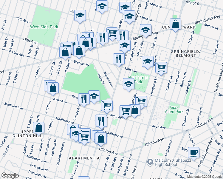 map of restaurants, bars, coffee shops, grocery stores, and more near 94-98 Winans Avenue in Newark