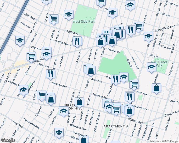 map of restaurants, bars, coffee shops, grocery stores, and more near 731 South 11th Street in Newark