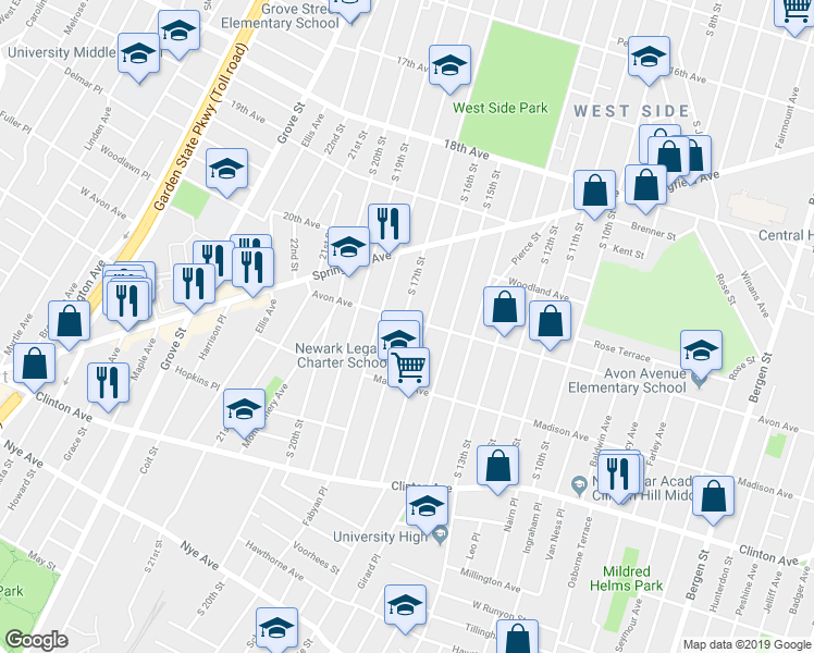 map of restaurants, bars, coffee shops, grocery stores, and more near 460 Avon Avenue in Newark