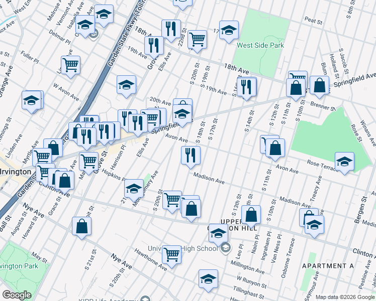 map of restaurants, bars, coffee shops, grocery stores, and more near 812 South 19th Street in Newark