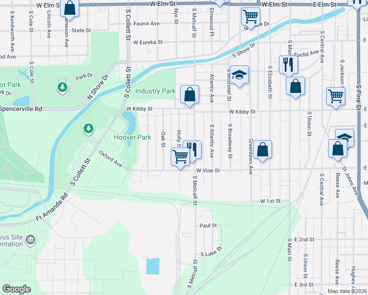 map of restaurants, bars, coffee shops, grocery stores, and more near 782 South Metcalf Street in Lima