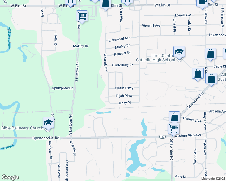 map of restaurants, bars, coffee shops, grocery stores, and more near 3160 Cletus Parkway in Lima