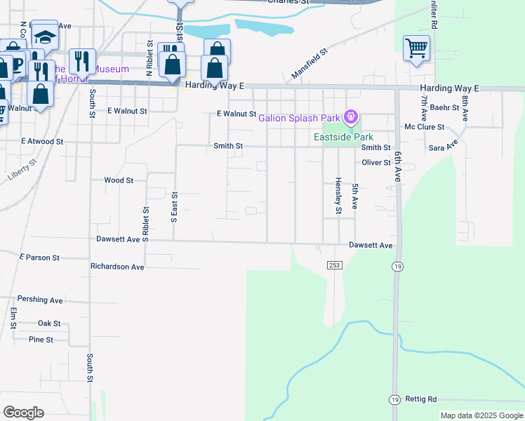 map of restaurants, bars, coffee shops, grocery stores, and more near 402 1st Avenue in Galion