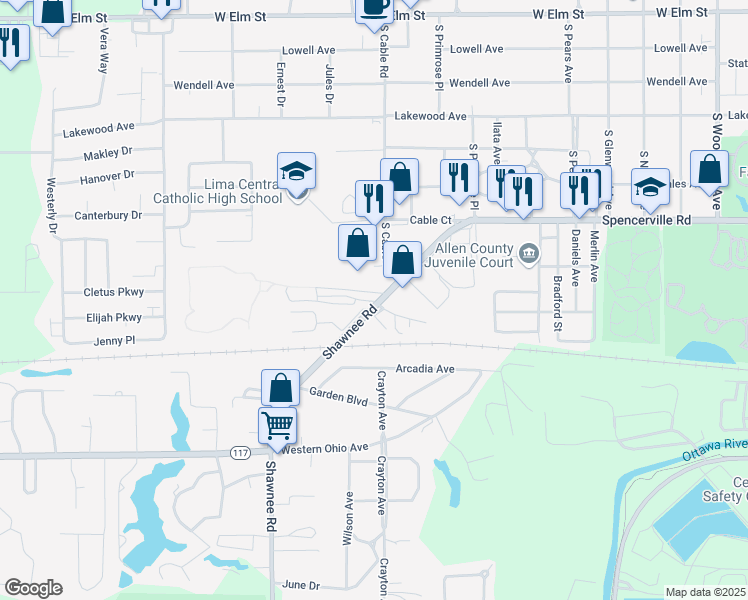 map of restaurants, bars, coffee shops, grocery stores, and more near 880 Shawnee Road in Lima