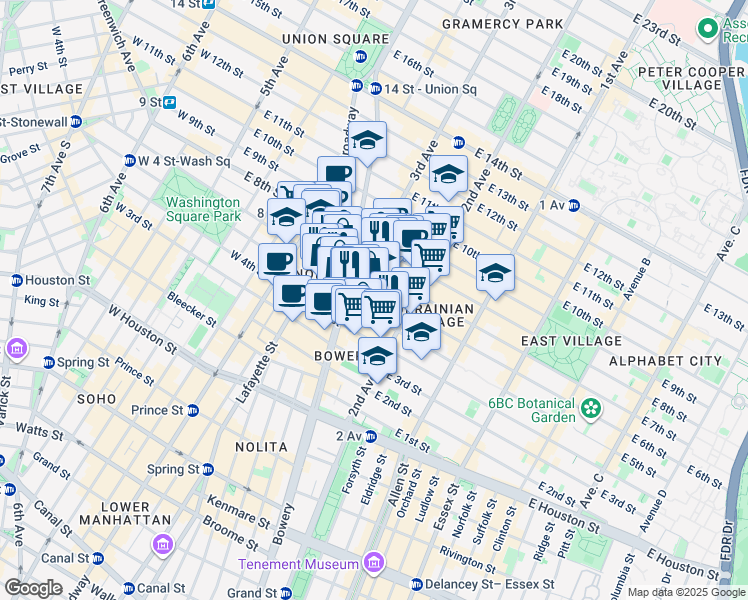 map of restaurants, bars, coffee shops, grocery stores, and more near 31 Cooper Square in New York