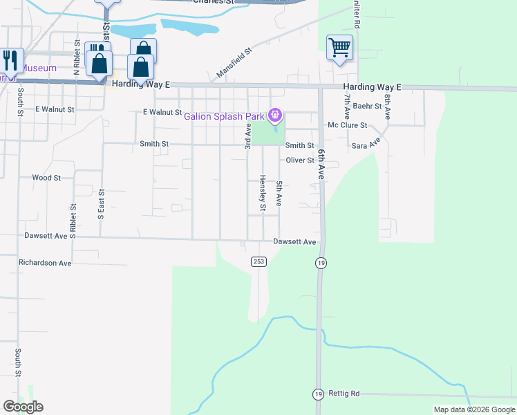 map of restaurants, bars, coffee shops, grocery stores, and more near 416 Hensley Street in Galion