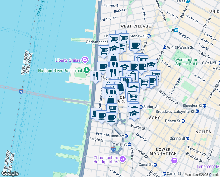 map of restaurants, bars, coffee shops, grocery stores, and more near 555 Greenwich Street in New York