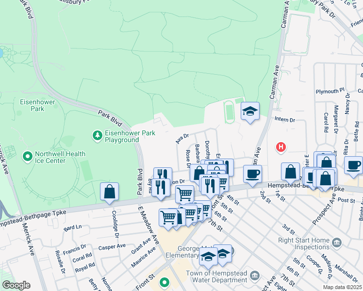 map of restaurants, bars, coffee shops, grocery stores, and more near 126 Ava Drive in East Meadow