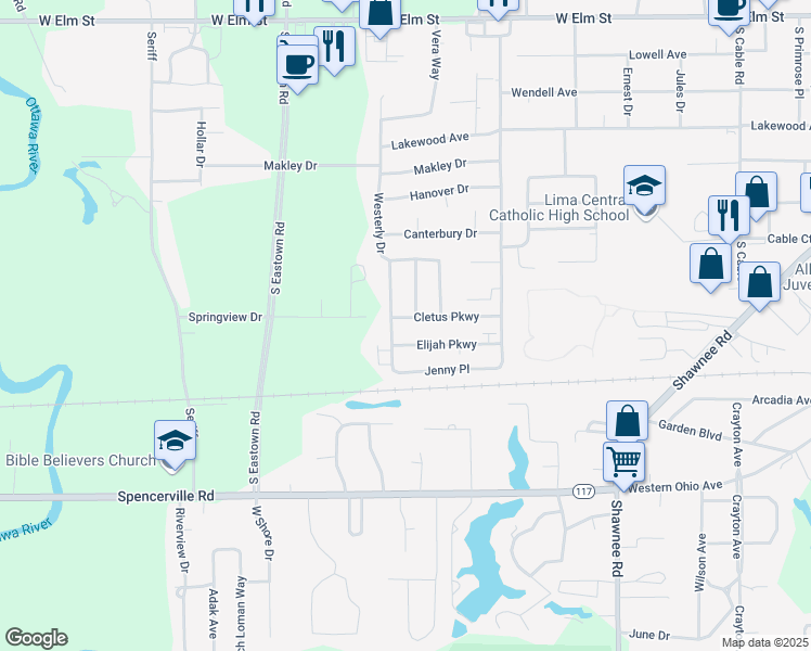 map of restaurants, bars, coffee shops, grocery stores, and more near 3041 Cletus Parkway in Lima