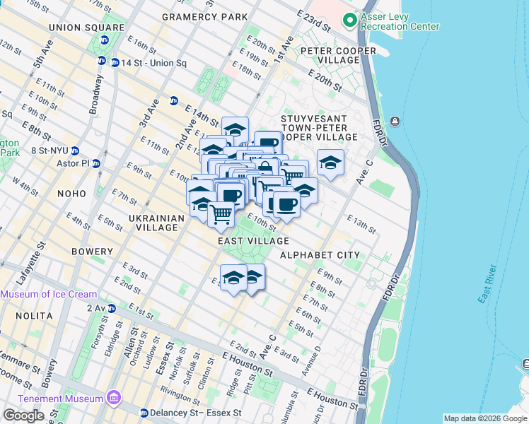 map of restaurants, bars, coffee shops, grocery stores, and more near 502 East 11th Street in New York