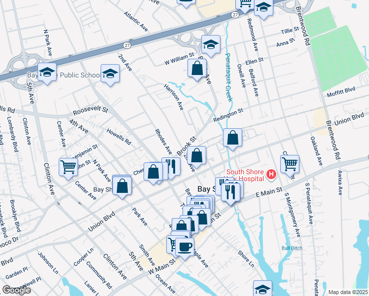 map of restaurants, bars, coffee shops, grocery stores, and more near 51 Brook Street in Bay Shore