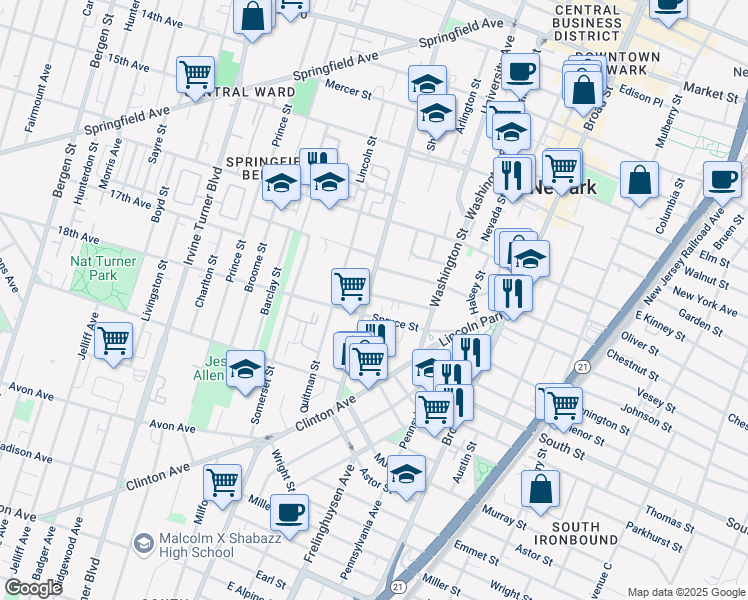 map of restaurants, bars, coffee shops, grocery stores, and more near 710 Doctor Martin Luther King Junior Boulevard in Newark