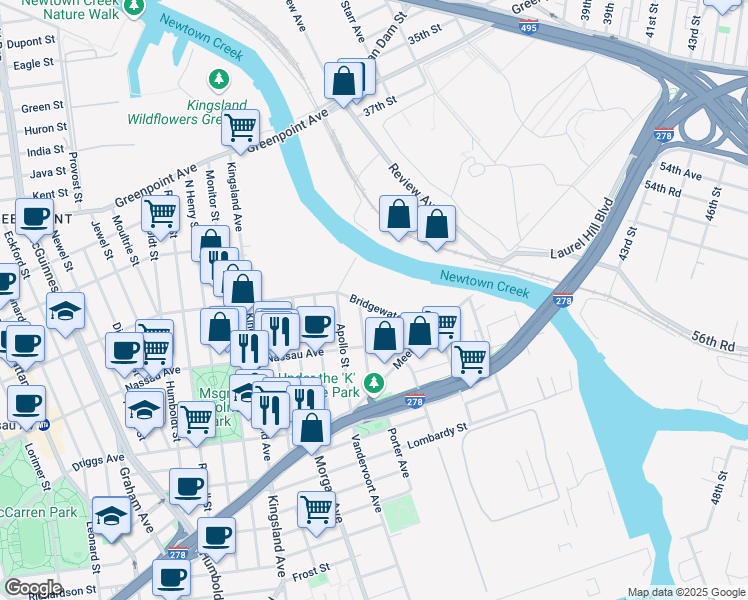 map of restaurants, bars, coffee shops, grocery stores, and more near 6 Bridgewater Street in Brooklyn