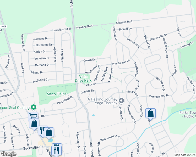 map of restaurants, bars, coffee shops, grocery stores, and more near 2595 Upper Way in Easton
