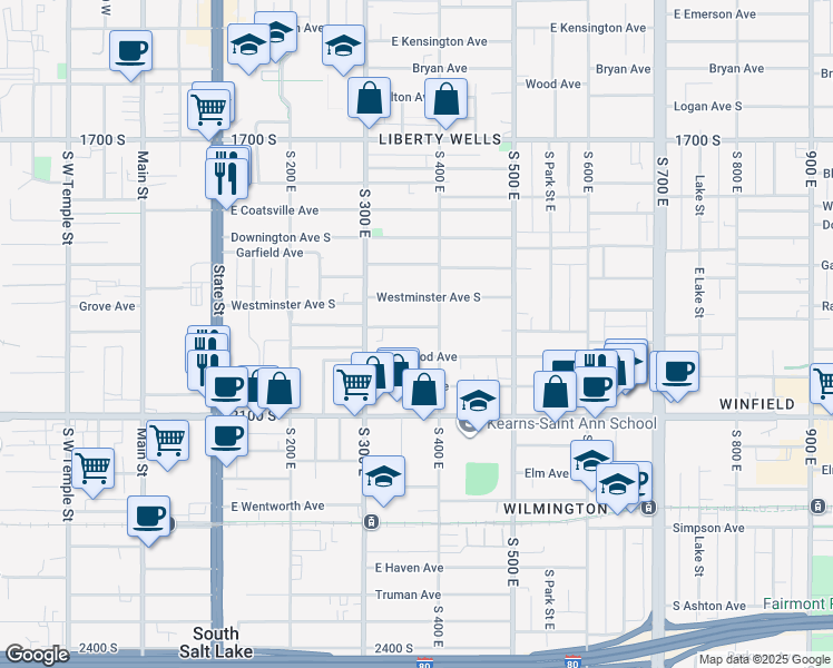 map of restaurants, bars, coffee shops, grocery stores, and more near 360 Ramona Avenue in Salt Lake City