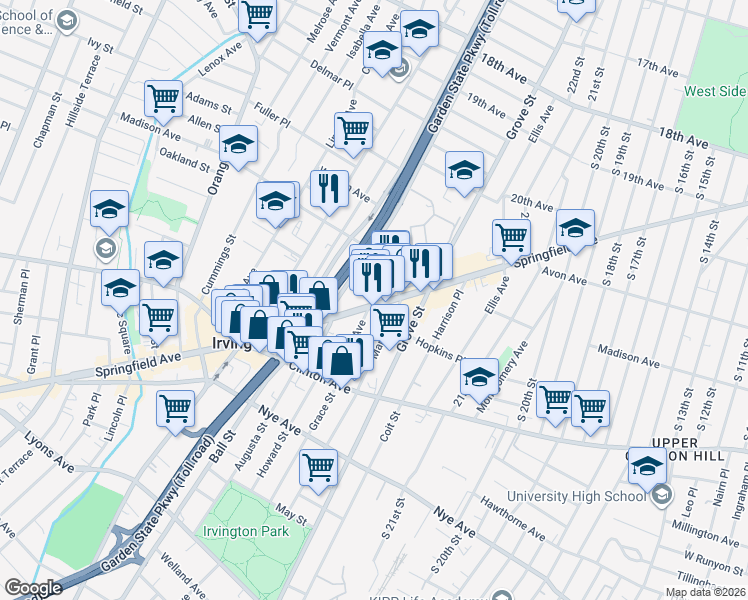 map of restaurants, bars, coffee shops, grocery stores, and more near 892 Springfield Avenue in Irvington