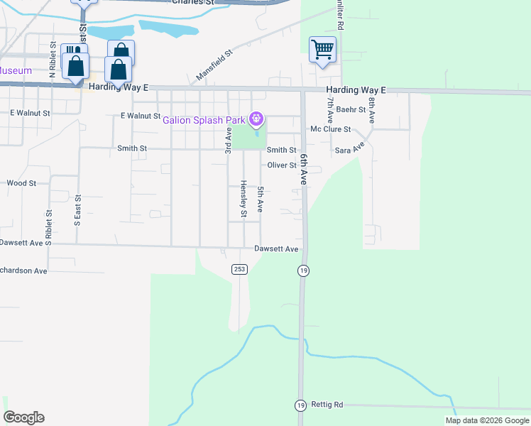 map of restaurants, bars, coffee shops, grocery stores, and more near 321 5th Avenue in Galion
