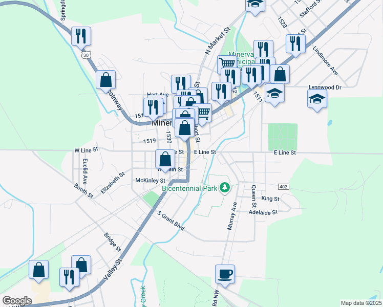 map of restaurants, bars, coffee shops, grocery stores, and more near 99 East Line Street in Minerva