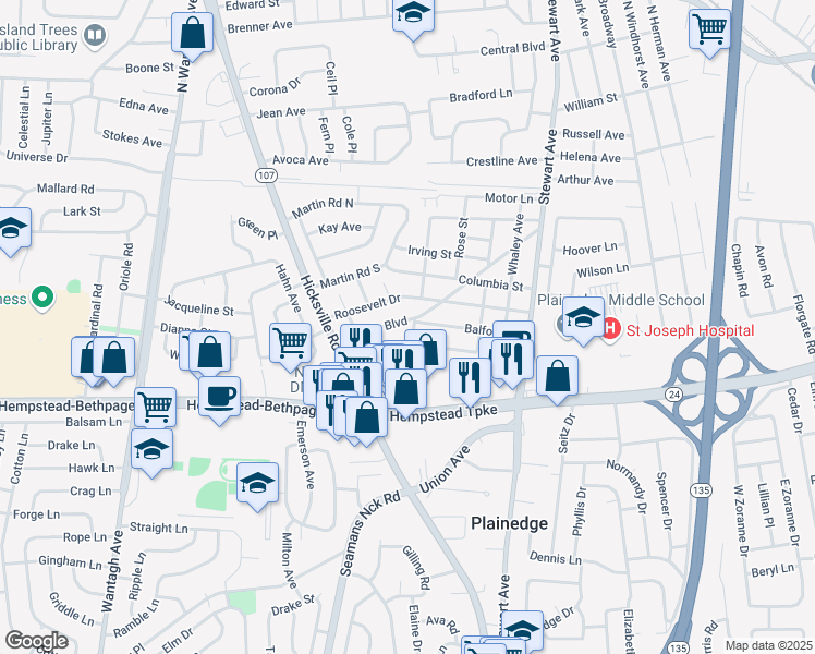 map of restaurants, bars, coffee shops, grocery stores, and more near 53 Lincoln Boulevard in Bethpage