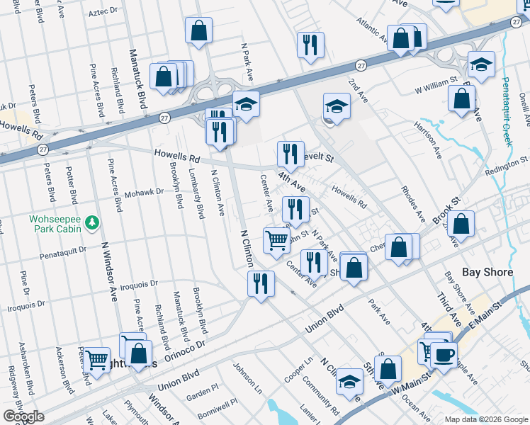 map of restaurants, bars, coffee shops, grocery stores, and more near 63a Center Avenue in Bay Shore