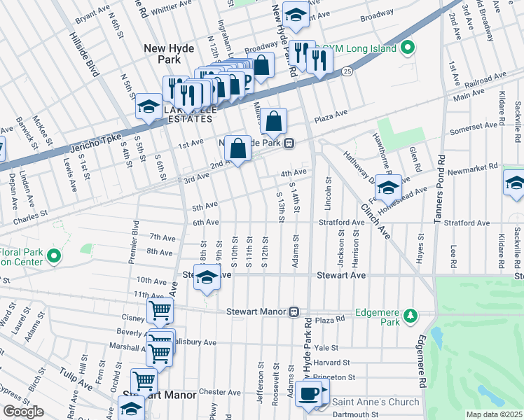 map of restaurants, bars, coffee shops, grocery stores, and more near 516 South 12th Street in New Hyde Park