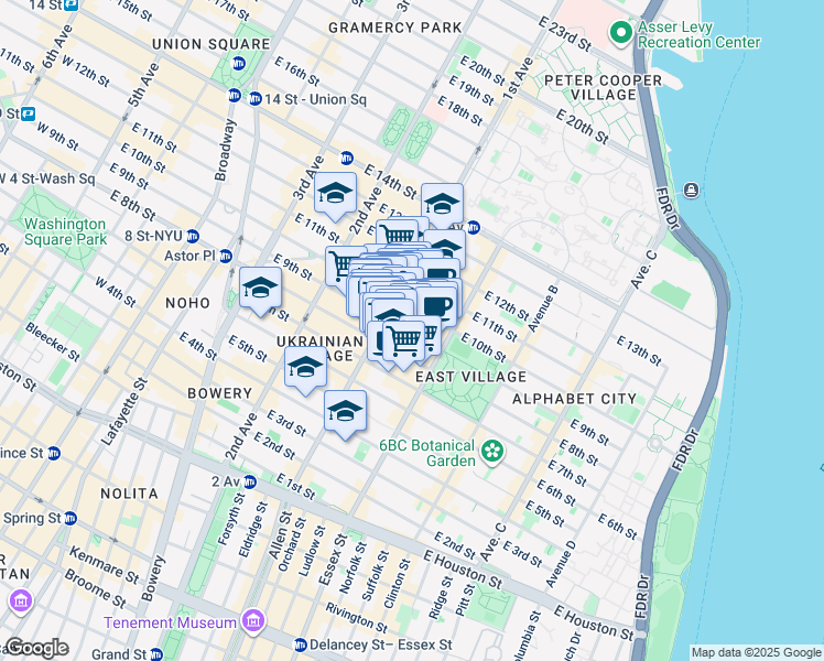 map of restaurants, bars, coffee shops, grocery stores, and more near 246 East 10th Street in New York