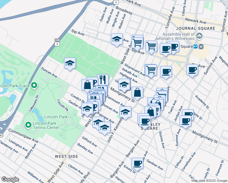 map of restaurants, bars, coffee shops, grocery stores, and more near 903 Montgomery Street in Jersey City