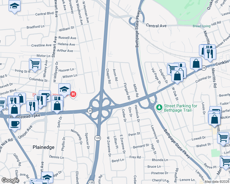 map of restaurants, bars, coffee shops, grocery stores, and more near 12 Henley Road in Farmingdale