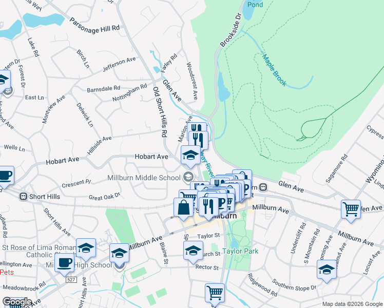 map of restaurants, bars, coffee shops, grocery stores, and more near 23 Brookside Drive in Essex County