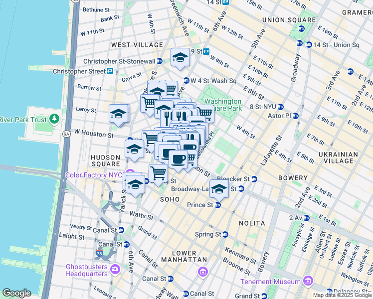 map of restaurants, bars, coffee shops, grocery stores, and more near 171 Sullivan Street in New York