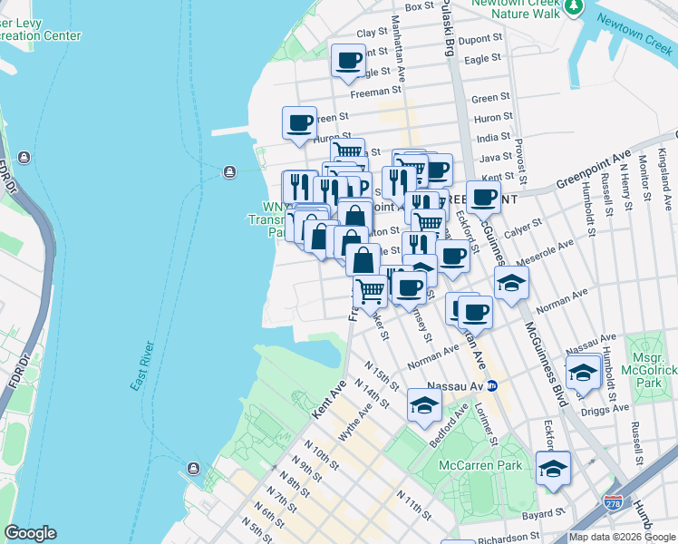 map of restaurants, bars, coffee shops, grocery stores, and more near 85 Oak Street in Brooklyn