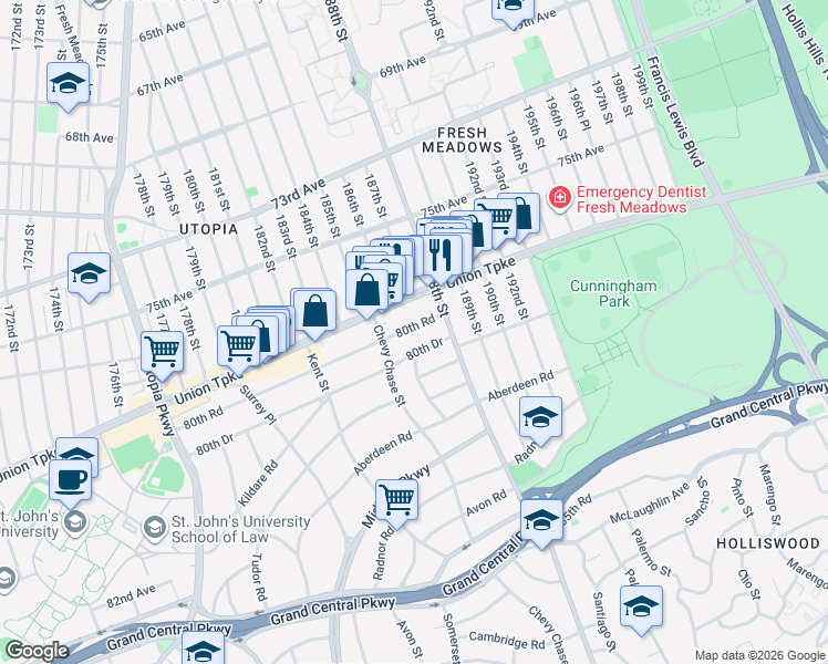 map of restaurants, bars, coffee shops, grocery stores, and more near 32 80th Road in Queens
