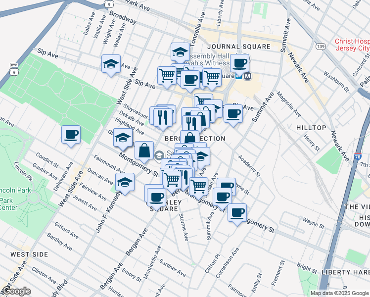 map of restaurants, bars, coffee shops, grocery stores, and more near 34 Highland Avenue in Jersey City
