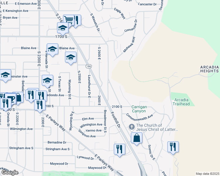 map of restaurants, bars, coffee shops, grocery stores, and more near 1946 Wasatch Drive East in Salt Lake City