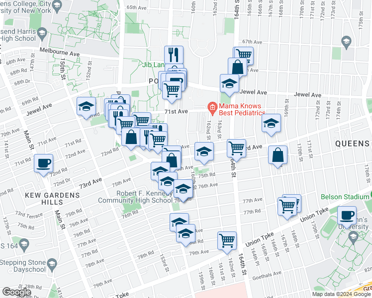 map of restaurants, bars, coffee shops, grocery stores, and more near 72-04 160th Street in Queens