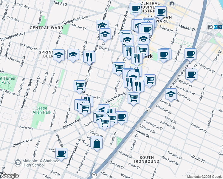 map of restaurants, bars, coffee shops, grocery stores, and more near 9-11 Crawford Street in Newark
