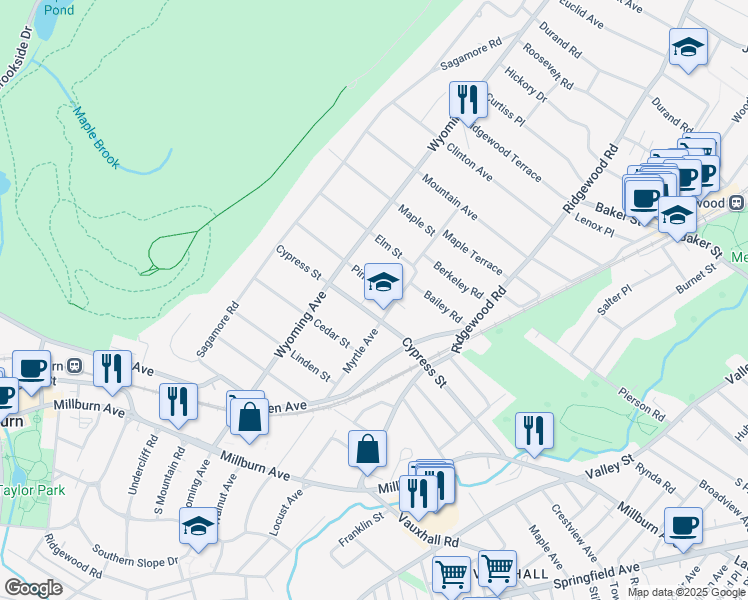map of restaurants, bars, coffee shops, grocery stores, and more near 55 Myrtle Avenue in Millburn