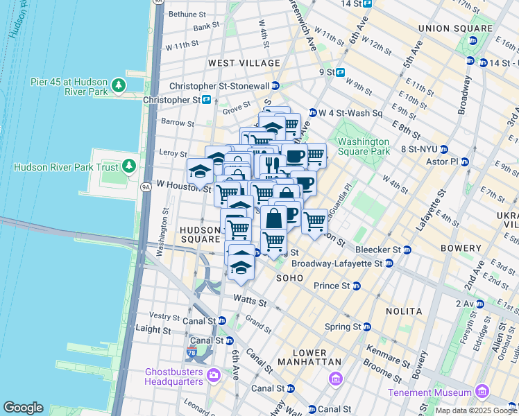 map of restaurants, bars, coffee shops, grocery stores, and more near 25 King Street in New York