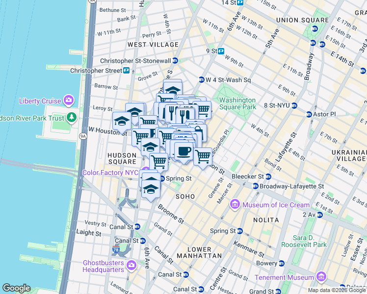 map of restaurants, bars, coffee shops, grocery stores, and more near 143 West Houston Street in New York