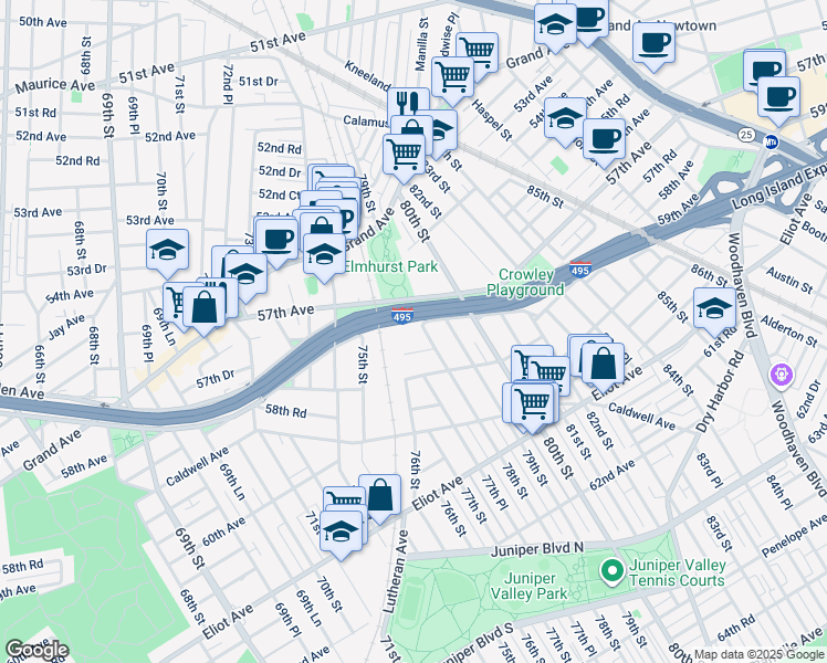 map of restaurants, bars, coffee shops, grocery stores, and more near 57-32 78th Street in Queens