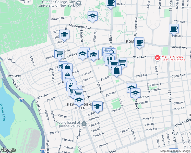 map of restaurants, bars, coffee shops, grocery stores, and more near 14753 72nd Avenue in Queens