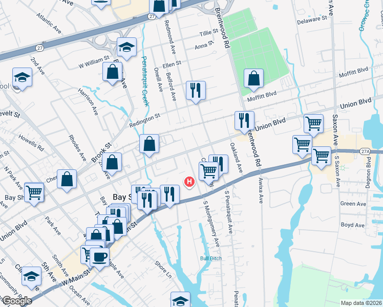 map of restaurants, bars, coffee shops, grocery stores, and more near 39 Montgomery Avenue in Bay Shore