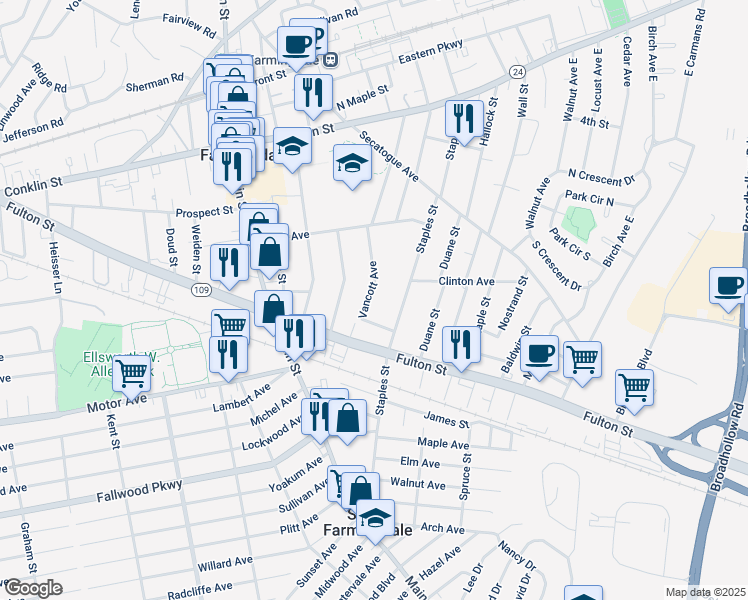 map of restaurants, bars, coffee shops, grocery stores, and more near 293 Vancott Avenue in Farmingdale